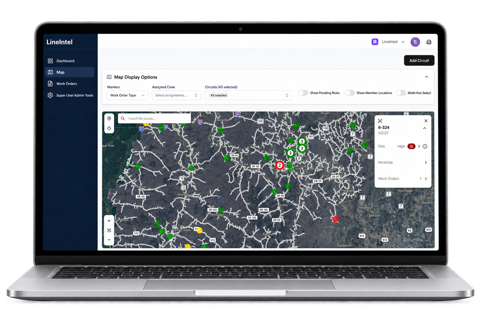 Laptop displaying the LineIntel Command system map, distribution circuits and work locations
